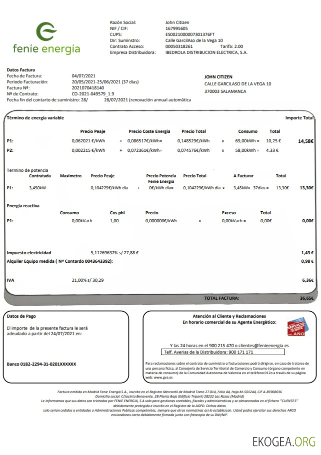 Spain Feníe Energía utility bill template in Word and PDF format